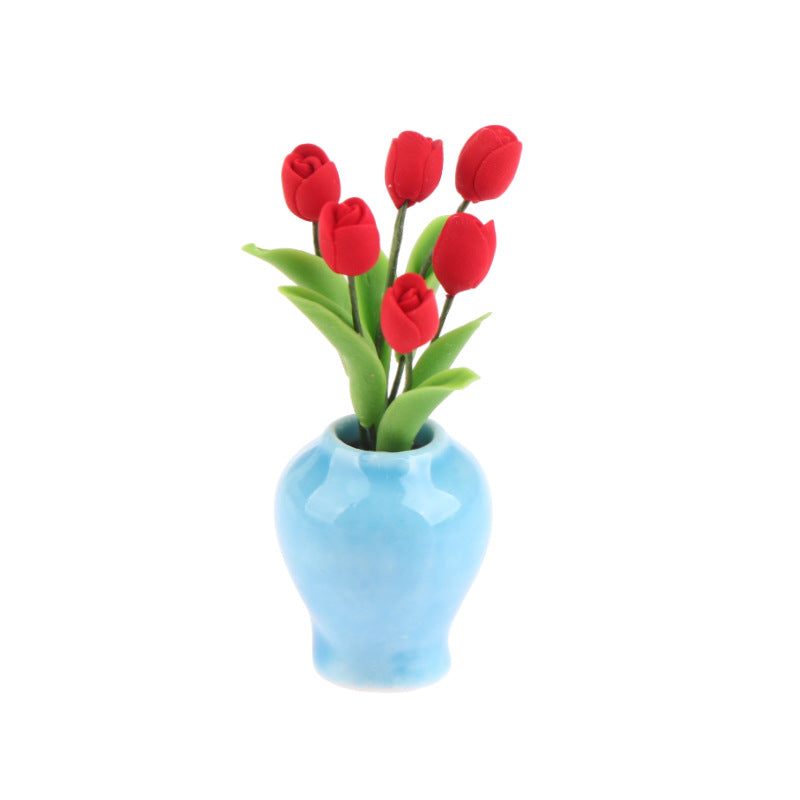 Wholesale 1:12 doll house DOLLHOUSE mini model handmade blue porcelain bottle tulip flower arrangement potted plant